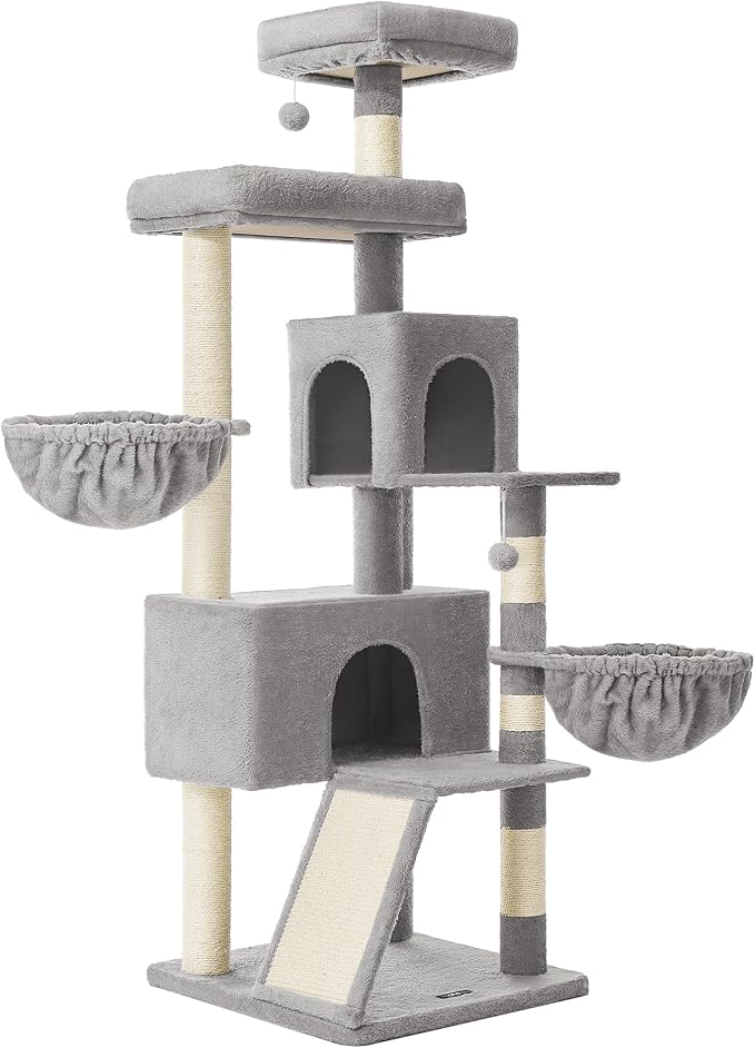 Feandrea Cat Tree, 68.5-Inch Tall Cat Tower, Multi-Level Plush Condo with Large Perch, Scratching Posts, Double Caves, Dove Gray UPCT006G01