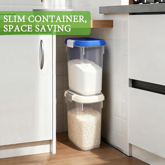 Large Rice Storage Container 15-20 Lbs, Tall Flour Container Dry Food Bin | Slim Food Container with Scoop, Cup for Cereal, Sugar, Beans, Pet Dog Cat Food, Kitchen and Pantry Storage Organization