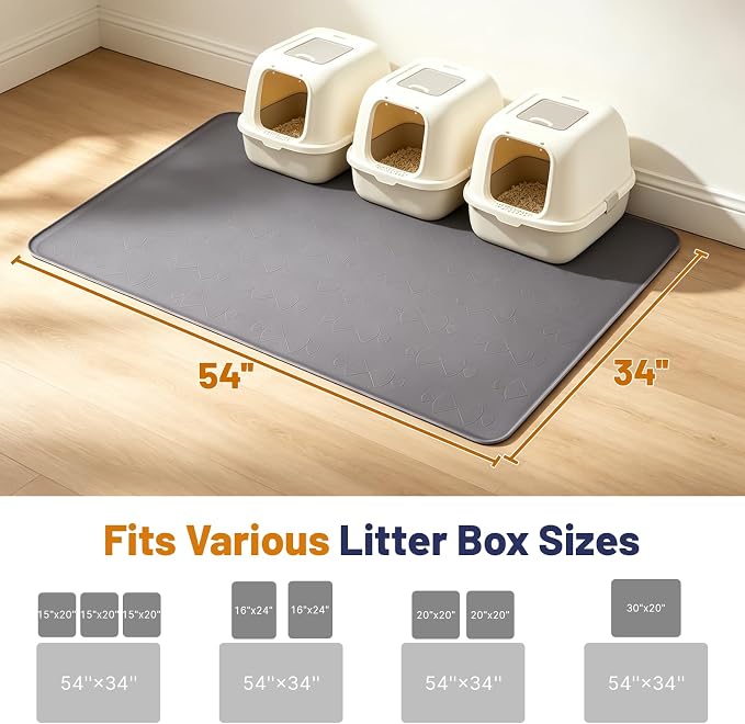 Cat Litter Mat, XL 54x34in Waterproof Silicone Litter Box Mat, Grey | XXL Cat Mat Fits 2-4 Litter Boxes, Litter Trapping Mat with Raised Edges, Non-Slip Bottom, Easy Clean Kitty Litter Mat