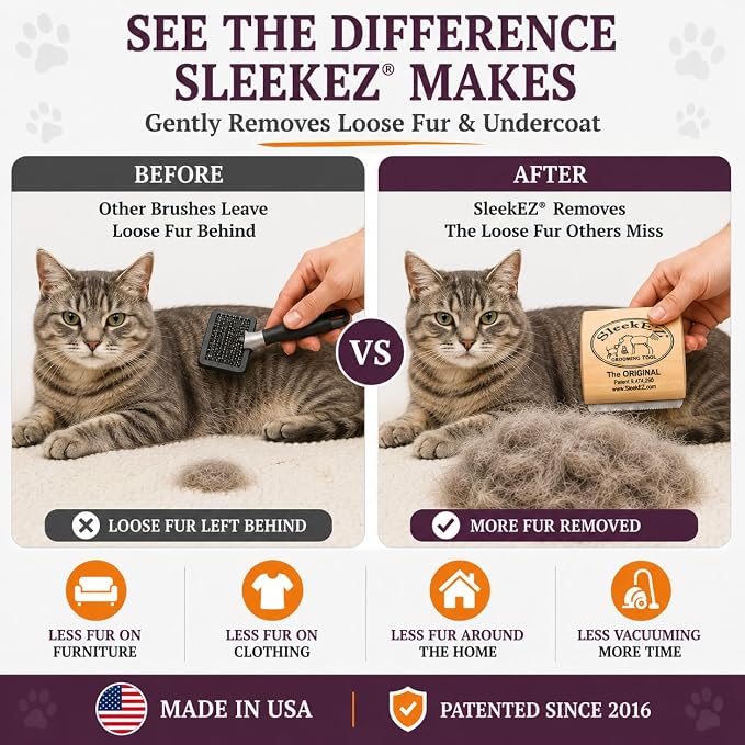 SleekEZ Cat Brush for Shedding - Deshedding Brush for Cats - Patented Grooming Tool for Removing Loose Fur, Undercoat & Hair - Made in USA - Works on Short, Medium & Long Coats