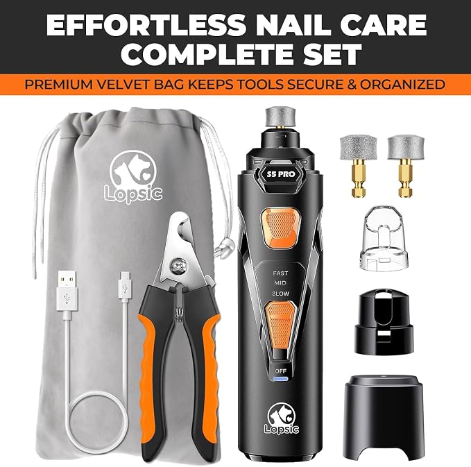 Whisper Quiet Dog Nail Grinder Safe & Stress-Free for Sensitive Dogs Cats | 4 LED Lights,3 Grinding Bits, 3-Speed, Pet Nail Trimmers, Rechargeable Painless Grooming Kit for All Breeds & Sizes