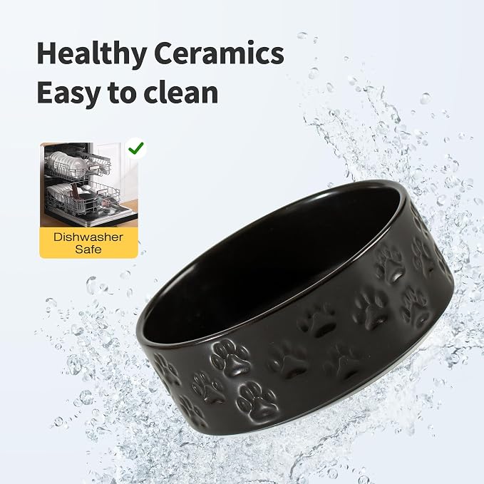 Elevated Ceramic Dog Bowl Set, Anti-Skid Bamboo Stand, Black, 5.1 inch | Food and Water Bowls with Fixed Non-Slip Rubber Ring, Microwave Safe, Easy to Clean, 1.6 Cup per Bowl, for Small-Breed Puppy