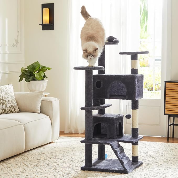 Sweetcrispy 54 Inch Cat Tree Tower with Scratching Post, Indoor Use | Multi-Level Cat Tower with Condo with Climbing Ladder, Plush Toy, Play House for Kittens, Dark Grey