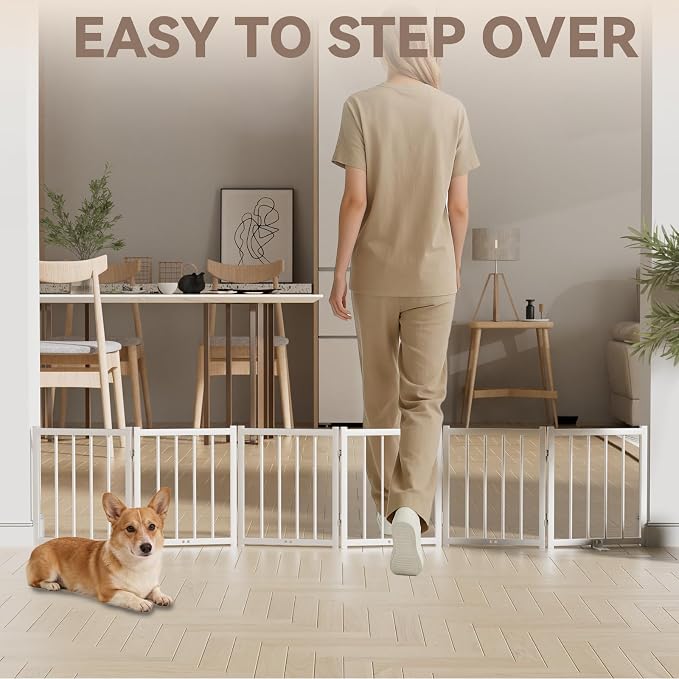 Snuowu 16" Freestanding Short Dog Gate for Small Dogs – Foldable & Retractable, Expands Up to 72" Wide, 6-Panel Pet Barrier for Doorways, Stairs & Hallways (White)