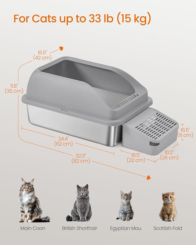 Feandrea Stainless Steel Cat Litter Box with Open Top, High Sided Litter Tray with Step, Scoop, Brush, for Cats up to 33 lb, Dove Gray UPPT008GN01