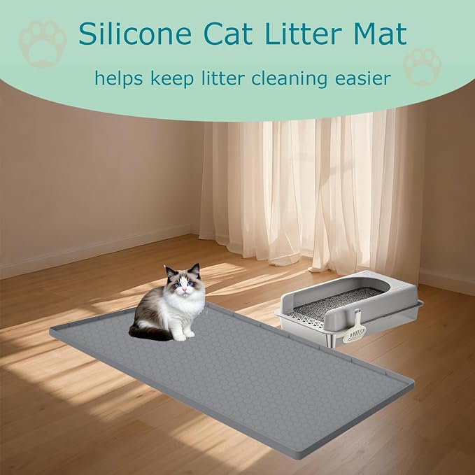 Cat Litter Mat for Litter Box, Silicone Large Cat Litter Trapping Mat - 25x19 in, Waterproof & Non-Slip, Durable & Easy Clean, Grey