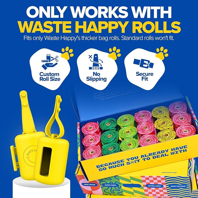Dog Poop Bag Dispenser with 15 14" Bags Capacity | Yellow Silicone Dog Poop Bag Holder for Leash | Durable, Portable & Refillable Waste Bag Case | Only Fits Waste Happy bags