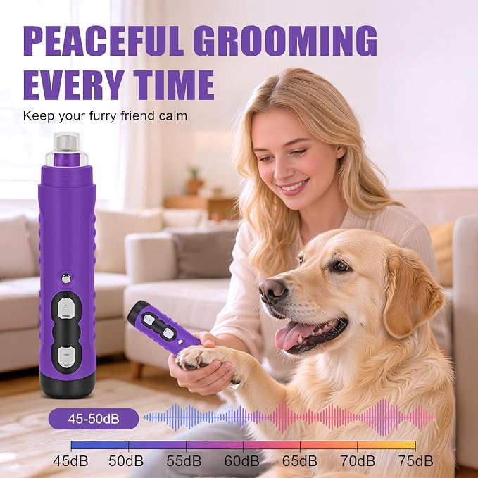 Quiet Dog Nail Grinder Clippers, 9-Speed Pet Nail Trimmer with LED | Low noise, Safety sensor guard, 2 LED lights, USB rechargeable, Professional grooming, Sensitive paws, Dogs cats all breeds