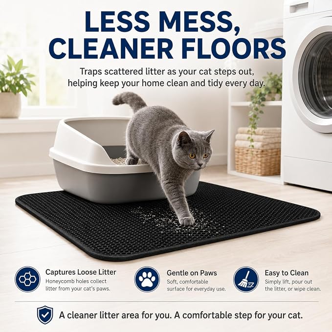 Cat Litter Mat 24 x 18 Inch, Double-Layer Honeycomb Litter Trapping Mat with Waterproof Leatherette Bottom, Urine-Resistant, Non-Slip, Easy to Clean, (Black)