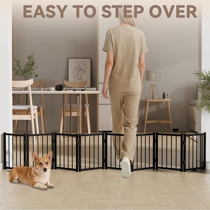 Snuowu 16" Freestanding Short Dog Gate for Small Dogs – Foldable & Retractable, Expands Up to 96" Wide, 8-Panel Pet Barrier for Doorways, Stairs & Hallways (Black)