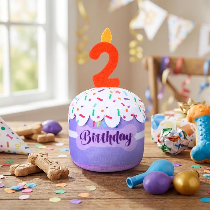 Dansydaisy Dog Birthday Cake Toy Squeaky Plush Toy for Girl Boy Gifts, Chew Accessories for Dog Birthday Party Decor Favor for Large, Medium and Small Dogs(2nd,Purple)