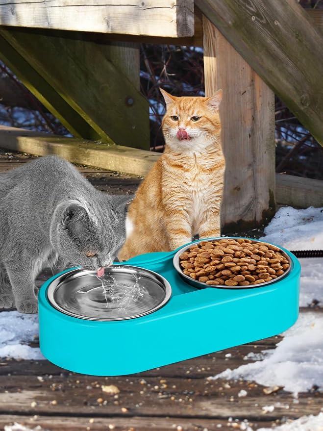 Heated Water Bowl for Cats - 48Oz Outdoor Heated Pet Dog Bowl with 2 Stainless Steel Bowl, Thermostatic Control for Keeping Water and Food from Freezing in Winter Cat Gifts