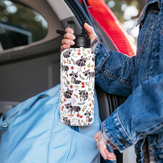 32oz Racoon Stainless Insulated Aater Water Bottle with Straw,Racoon Gym Hiking Sports Coffee Mug Cup Water Bottles,Racoon Gifts for Women,Racoon Decor Stuff Accessories