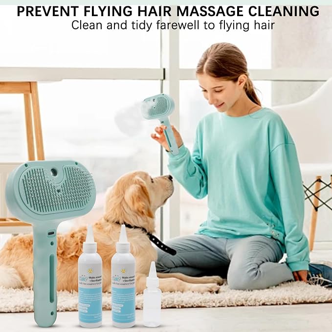 Pet Grooming Kit for Dogs & Cats – Self Cleaning Steam Brush with Cool Mist Spray, Nail Clippers, Flea Comb & 2 Waterless Shampoo Bottles – Quiet Deshedding Slicker Brush for Long & Short Haired Pets