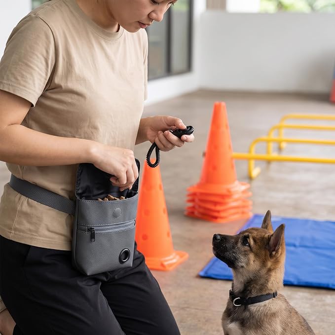 Dog Treat Pouch and Dog Training Clicker, Treat Bag with Poop Bag Dispenser, Powerful Magnetic Clasp, Metal Clip Waist Belt Fanny Pack for Pet Walk Dog Training (Dark Grey)