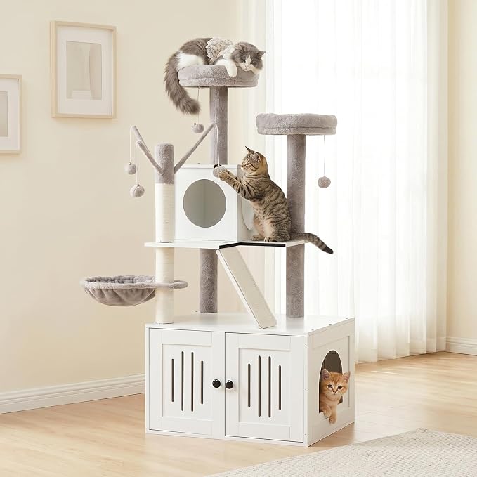 VINGLI Cat Tree Tower with Litter Box, 54" H All-in-1 Wooden Cats Condo, Cat Tower wih Scratching Posts, Houses for Indoor Kittens Hidden Cat Washroom Furniture (White Cabinet)