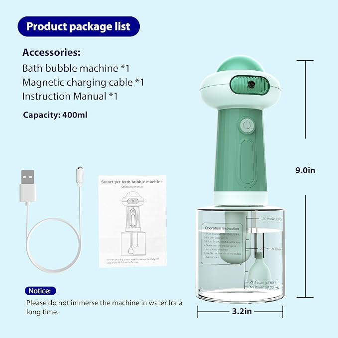Electric Dog Shampoo Dispenser & Foam Machine - Automatic Pet Bath Soap Dispenser with Magnetic Charging, Waterproof Dog Shower Frother for Dogs, Cats, Puppies (Green)