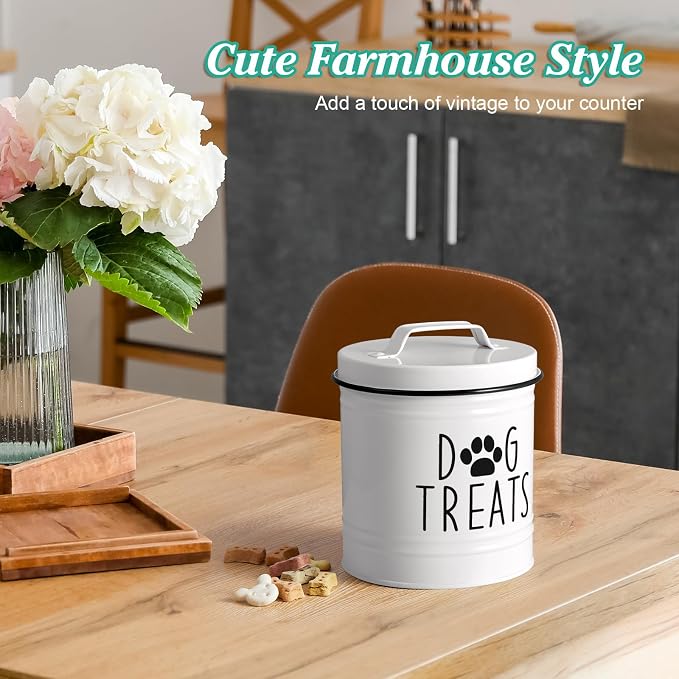 Large Dog Treat Container Airtight - 6.6" Tall X 6" Round White Dog Treat Jar for Kitchen Counter - Rustic Treat Storage Canister for Dogs, Cats, Small Animals - Gifts for Pet Owners