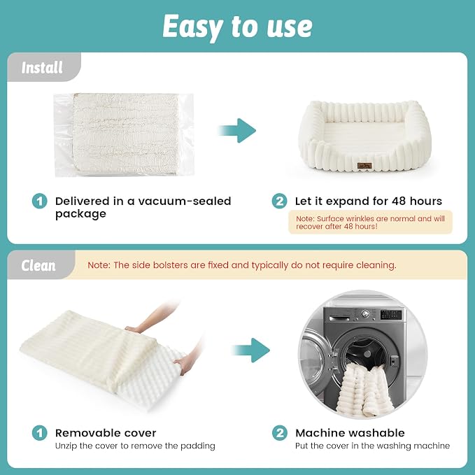 COZY KISS Orthopedic Pet Bed for Small Cats - Washable Rectangle Pet Bed with Anti-Slip Bottom, Soft Calming Cat & Puppy Bed for Indoor Pets (20"x18"x6", Cream)