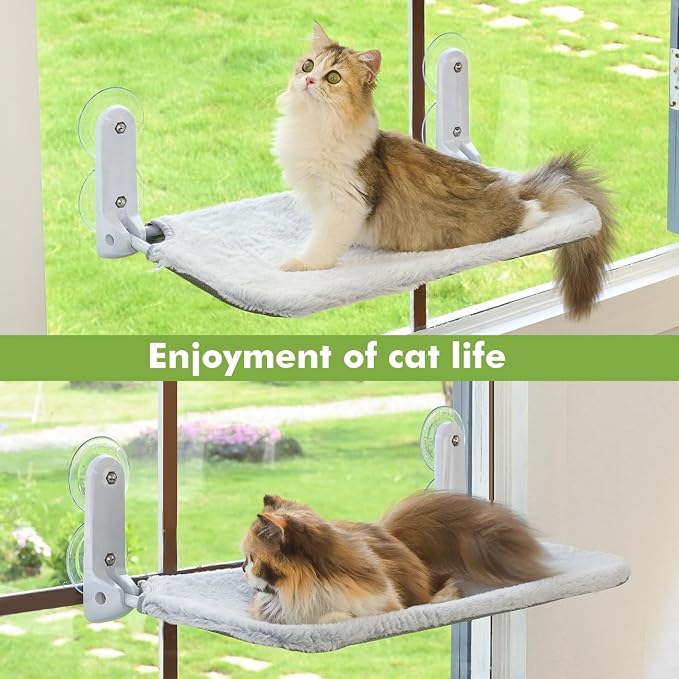 Zoratoo 2PC Cat Window Perch, Foldable & Cordless with Metal Frame, L Gray | 2-in-1 Reversible Cover, Removable for Machine Wash, Stable Window Resting Seat with Large Suction Cups for Indoor Cats