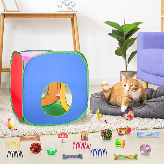 Retro Shaw 33 Pack Cat Toys Set, Interactive Cat Tunnel Feather Wand Kit | Collapsible Cat Tent, For Indoor Cats, Kitten Toys Pack Variety Crinkle Ball Bell Spring Mouse