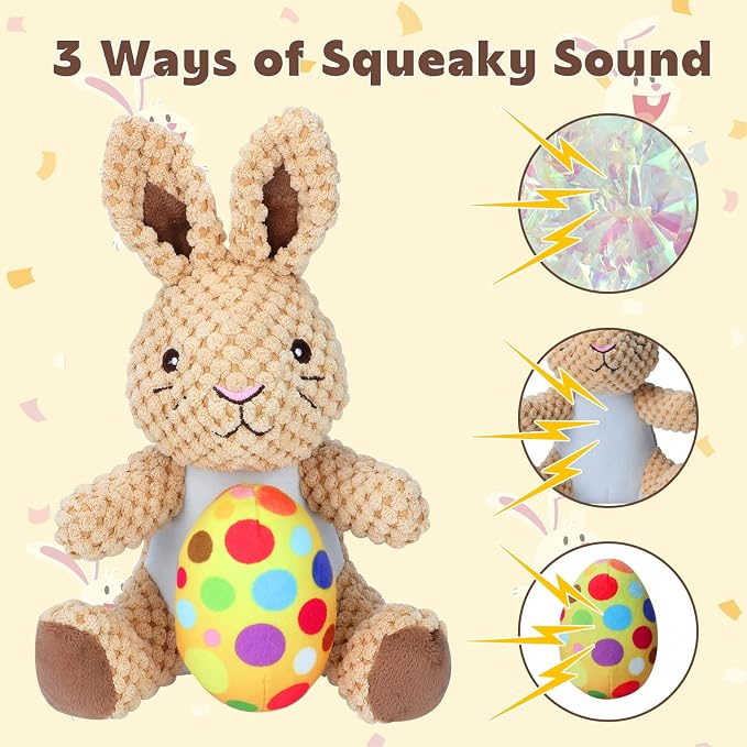 Rypet Stuffed Dog Toys Easter Bunny Dog Toy with Egg,Squeaker Plush Pet Toy with Crinkle Paper Interactive Durable Puppy Chew Toys Dogs Easter Gift for Medium Small Dogs