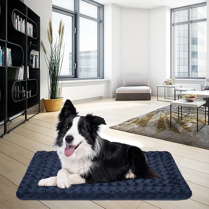 EMPSIGN Dog Crate Pad for 36"x24" Dog Crate, Plush/Canvas Navy | Reversible Kennel Mat (Cool & Warm), Machine Washable, Cozy Plush Sleeping Pad, All-Season Pet Bed
