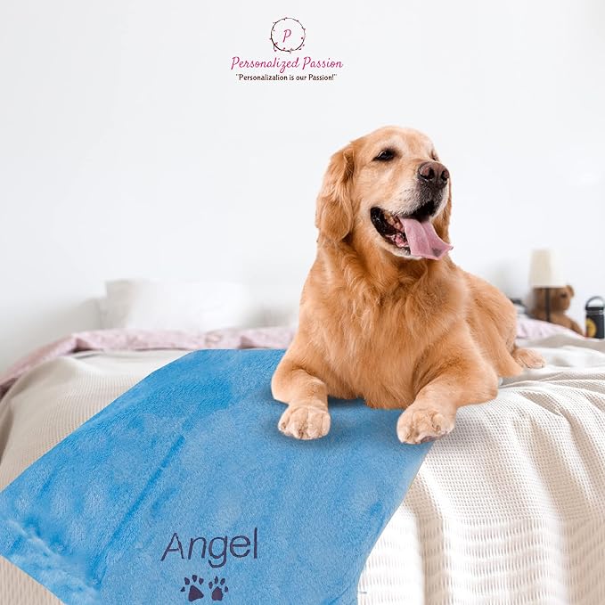 Personalized Passion Dog Blanket with Embroidered Name & Paws - Soft, Comfortable and Cozy for Bed, Couch, Car - Water Resistant Pet Fleece Blanket for Dogs and Cats - Blue - 28"x40"
