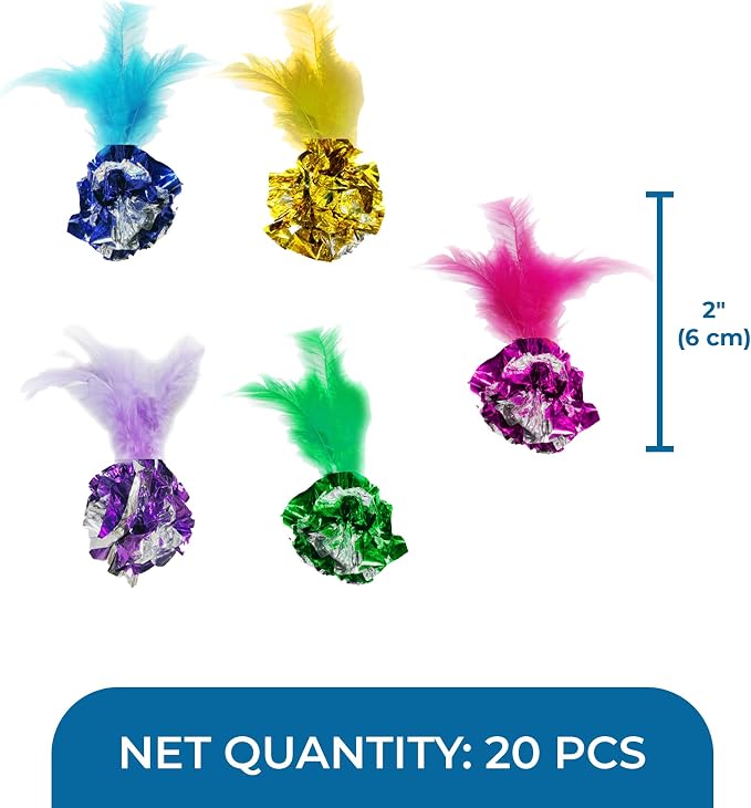 SunGrow Mylar Crinkle Balls with Feathers, 2.5-Inches, Shiny Stress Buster Crinkler, Suitable for Multiple Cats' Engagement, Ideal for Kittens and Grown-up Cats, 20-Pcs