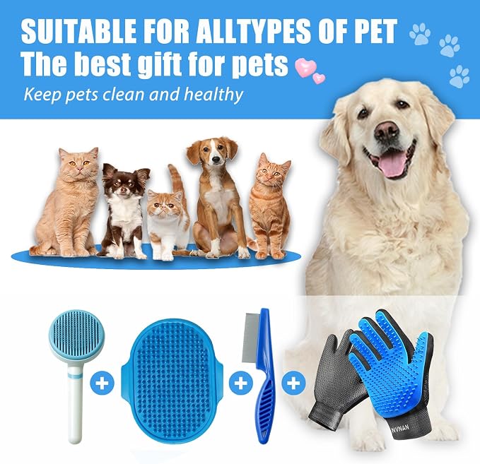 NVNAN 5-Piece Dog Grooming Brush Set with Grooming Gloves | Includes deshedding comb, shampoo brush, and pet hair removal tools for shedding, bathing, and brushing