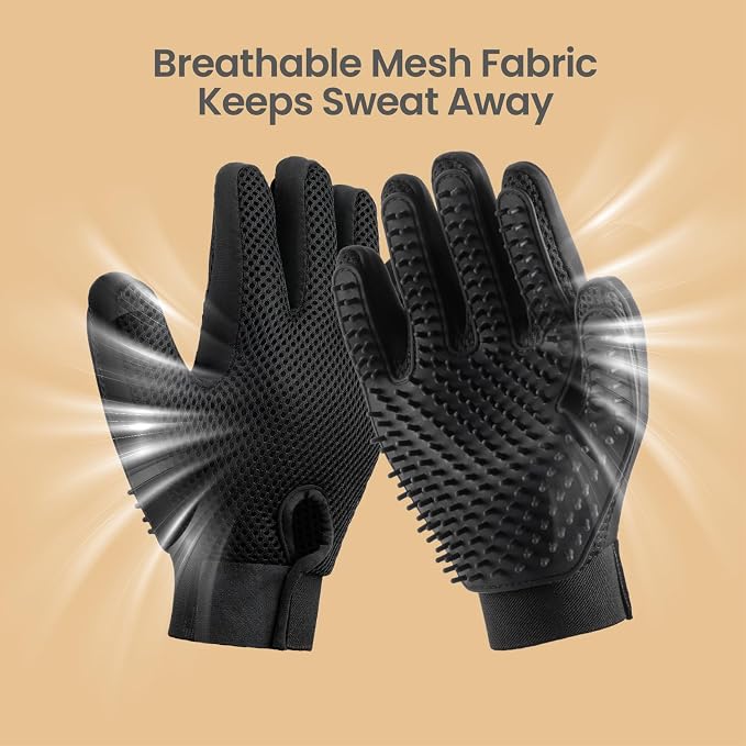 Pet Hair Removal Glove with 255 Silicone Tips for Dogs & Cats, Right Black | 2-in-1 Deshedding & Massage Mitt, 5-Finger Flexible Design, for Bathing & Grooming, Safe for Long/Short/Curly Hair Pets