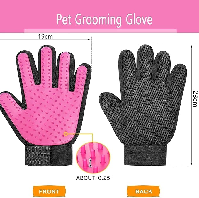 Pet Grooming Glove - Gentle Deshedding Brush Glove - Efficient Pet Hair Remover Mitt - Massage Tool with Enhanced Five Finger Design - Perfect for Dogs & Cats with Long & Short Fur (Pink)