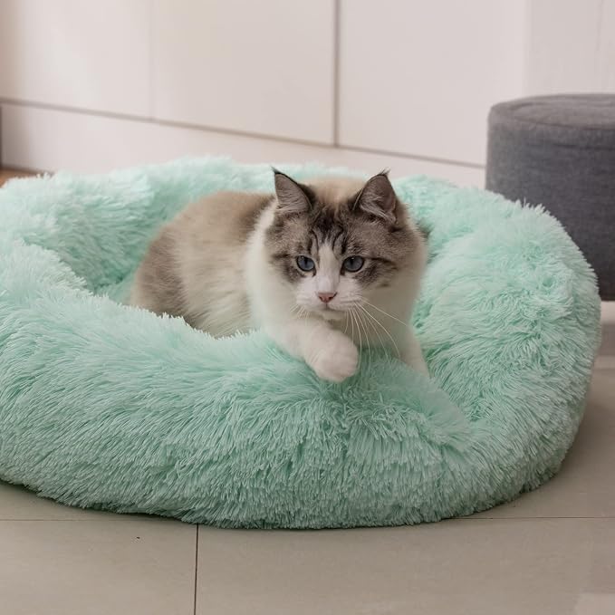 Anti Anxiety Round Fluffy Plush Faux Fur Warm Washable Dog Bed & Cat Bed, Original Bed for Small Medium Large Pets,Used to Relieve Joints and Improve Sleep(20"/24"/27'') (27", Light Green)