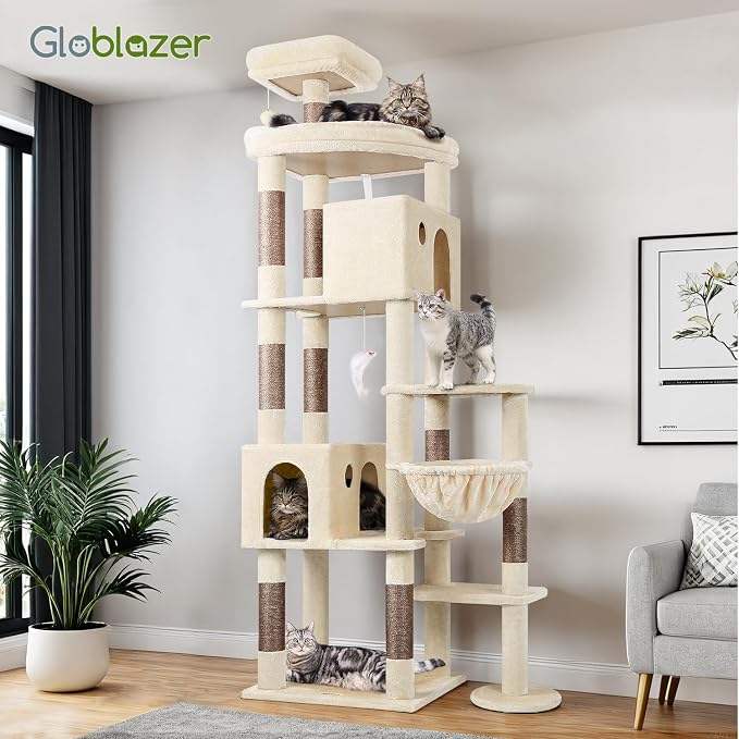 Globlazer Giant Cat Tree for Indoor Large Cats, 83in, F83, Beige | XXL Cat Tower with 9 Scratching Posts for 20lb+ Heavy Duty Large Adult Cats