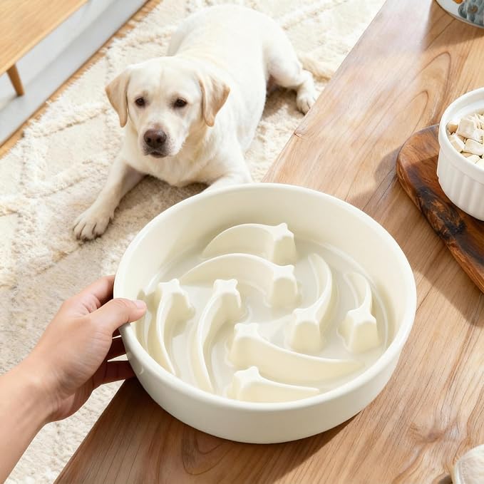 Ceramic Slow Feeder Dog Bowls Large Breed, 2 Cups Slow Eating Dog Bowl, Anti-Gulping Pet Food Bowl Reduce Choking, Heavy Puzzle Maze Design Pet Dishes for Fast Eaters, 8.3 inch - Beige
