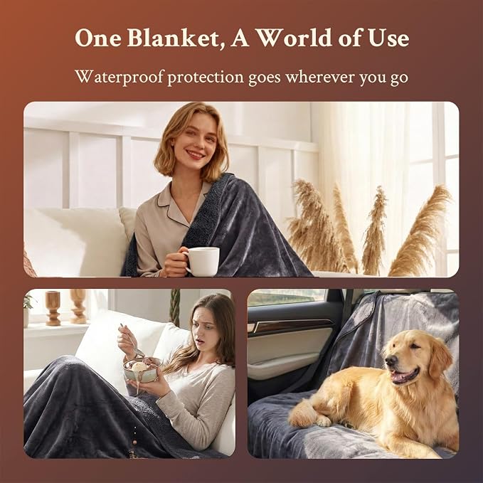 Waterproof Blanket for Couch, Sofa, Pets- Plush Water Proof Throw Blanket to Protect Furniture, Stain Resistant, Leak-Proof, Double-Sided, Reversible Flannel & Sherpa Fleece, Grey, 40"x60"