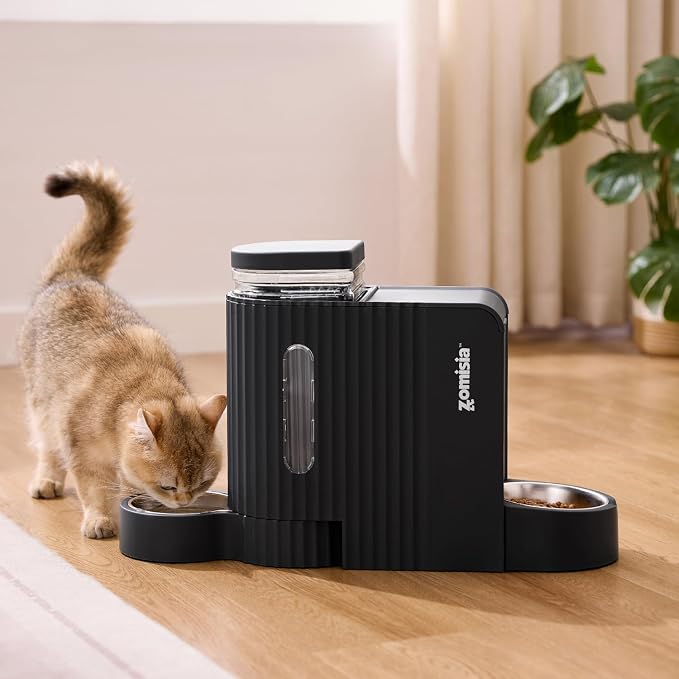 ZOMISIA Gravity Cat Feeder and Water Dispenser with 304 Stainless Steel Bowls, 2 in 1 Automatic Cat Feeder with 180 Degree Rotatable Water Bowl, Large Capacity for Puppy Kitten Rabbits, Black