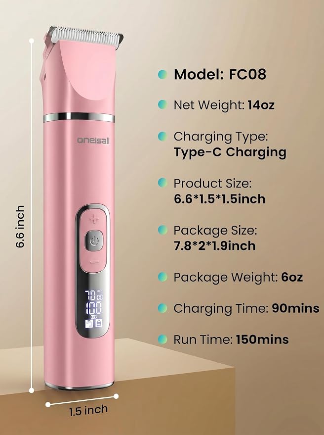 oneisall 4 in 1 Dog Grooming Kit with LCD Display Pink | Paw Hair Trimmer & Nail Grinder, Rechargeable, Cordless, Low Noise, IPX7 Waterproof, 3 Speeds Pet Grooming Clippers