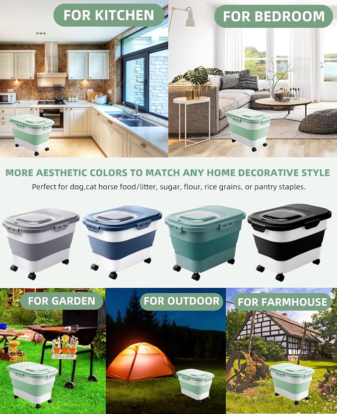 20-30 Lbs Rice Storage Container,Collapsible Food Storage Container | Flour Storage Container with Wheels Airtight Locking Lid,Cat Food Container Double Seal,Keep Fresh for Pet Food,Rice,Flour