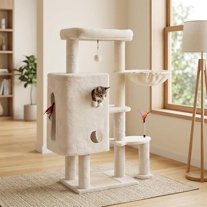 HUITREE 45in Cat Tree Tower with Big Condo for Indoor Cats,Cat Tower with Scratching Post,Scratching Board and Cat Toys,Multi-Level,Small Space,Transformer Cat Tree (336B)