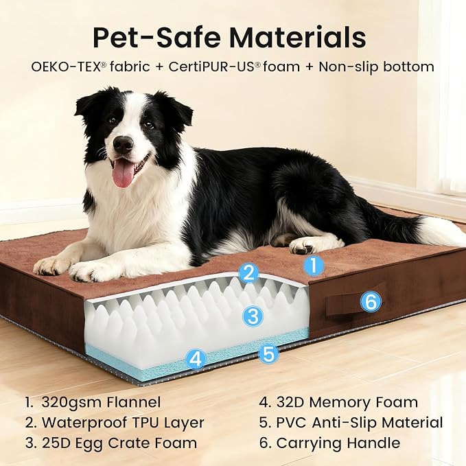OhGeni Orthopedic Waterproof Dog Bed for Medium Large Dogs, Machine-Washable Removable Cover in Easy-Clean Fabric, Reversible Memory Foam & Easy-Carry Handle, Wider and Larger, 36 inch (Brown)