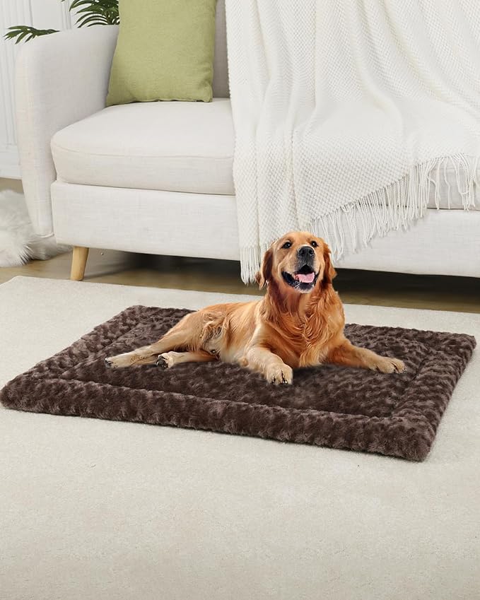 Exsnugy Washable Dog Bed Mat Large Size Fluffy Pet Crate Pad 42x28 XL | Non-Slip Bottom Kennel Beds Ultra Soft Comfy Sleeping Mattress for Large Medium Small Dogs Brown