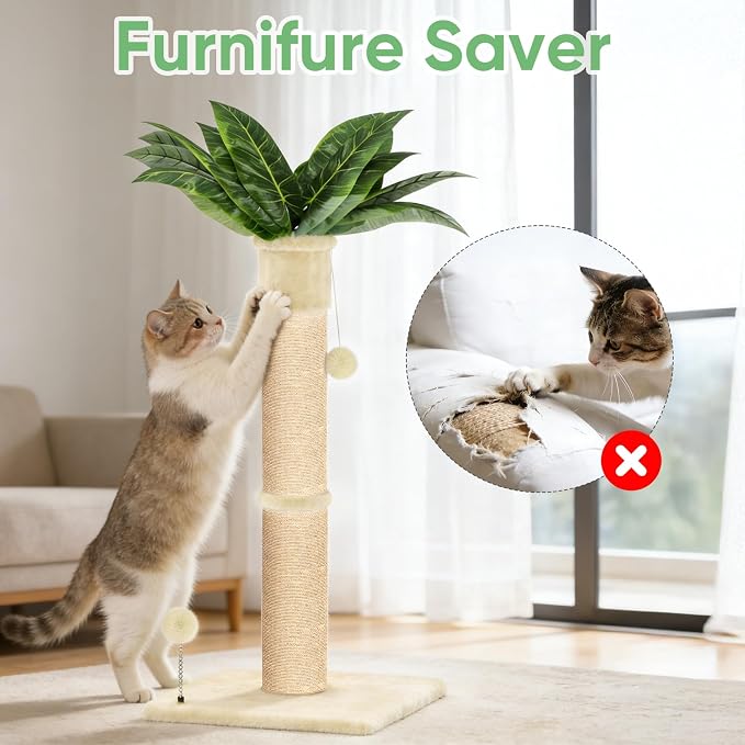 XiaZ Cat Scratching Post 34'' Tall, HeavyDuty and Thicker Cat Tower Scratcher with 2 Interactive Toy Balls, Premium Natural Sisal & Plush Fabric for Small, Medium Large Cats (Beige, 4.5in)