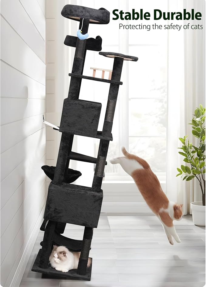 Meecal Black Cat Tree,79in Tall Tower for Multiple Indoor Cats Large Adult | Giant Cat Tree, Multi-Level Heavy Duty Cat Tower with Scratching Post, 2 Cat Condos, Hammocks, Perches, Hanging Toys