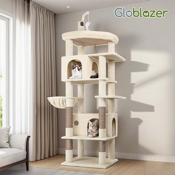 Globlazer F74B Cat Tree for Indoor Cats Large Adult, Multi-Cat, Beige | Easy Setup, 74in Tall Tower, Oversized Top Perch, 2 Large Condos, Hanging Basket, 5 Sisal Scratching Posts, Anti-Topple Strap