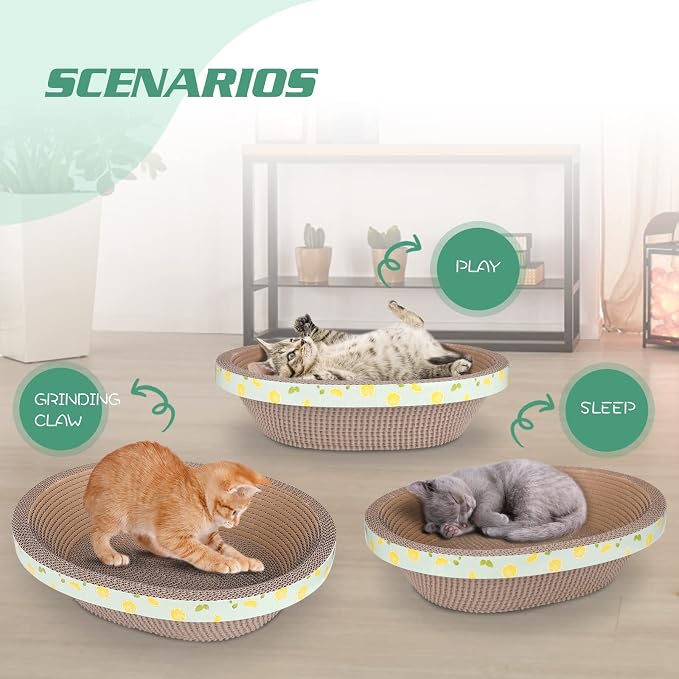 Oval Cat Cardboard Scratcher with Lounger Bed, High-Density Kitty Cat Scratching Pad for Indoor Cats Grinding Claws, Ergonomic Curved Furniture Couch Cat Scratch Protector, 17.3" × 13.6" × 4.5"