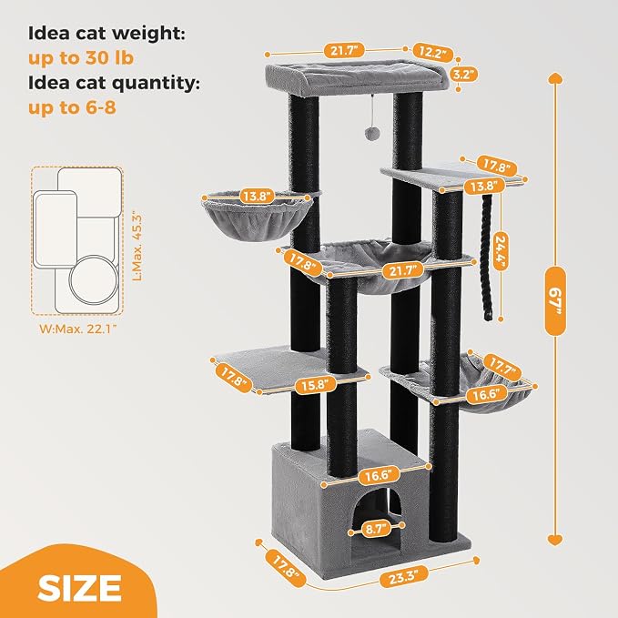Maine Coon Cat Tree-67 Large Cat Tower for Indoor Cats Large Adult with 7 Thick Black Scratching Posts (φ4.3), Multi-Level Condo, Big Perch & Hammocks -Black | 7 thick 4.3in posts, Multi-level condo, XL top perch, Cozy hammocks, Sized for Maine Coon, H...