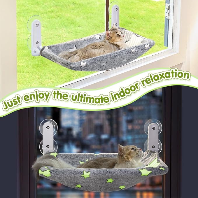 Zoratoo Glow in the Dark Cat Window Perch, Foldable Cordless Pet Hammock, M | Glowing Stars Fabric, Sturdy Metal Frame, Removable for Machine Wash, Comfortable Sunken Design Resting Seat for Indoor Cats