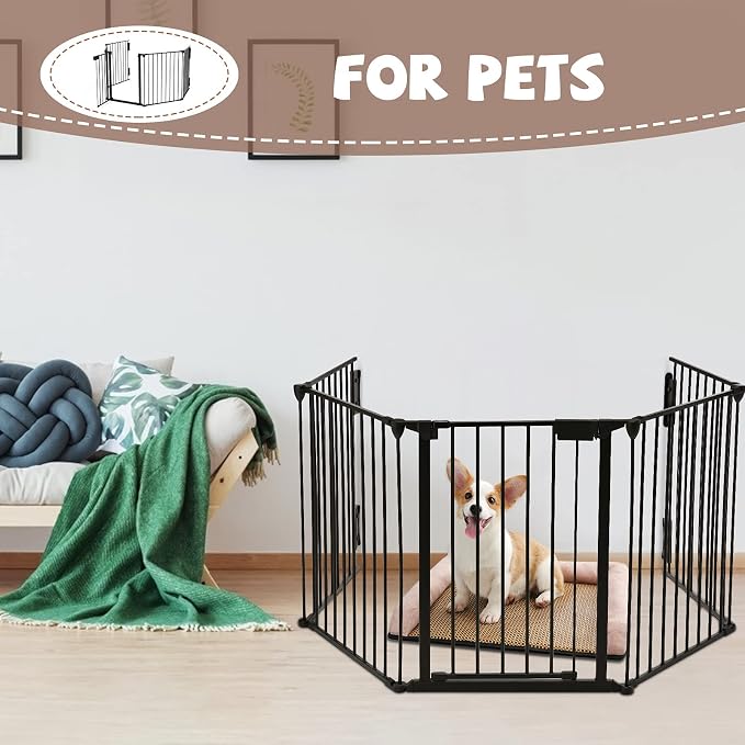 118" Wide Baby Gate Metal Safety Playpen - Fireplace Fence for Toddler/Pet/Dog, Fits 72"- 118" Wide, 5-Panel (30" H, Black)