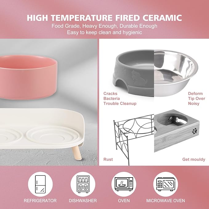 Elevated Ceramic Dog Bowl Set - Double Dog Feeding Bowls with Stand Splash Proof - Raised Dishes for Food and Water - Ideal for Small to Medium Dogs - 2 x 720 ml - 11.3 oz - Pink